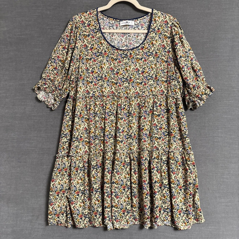 Natural Life Dress L Cream Blue Green Floral Tiered Rayon Boho Babydoll Mini